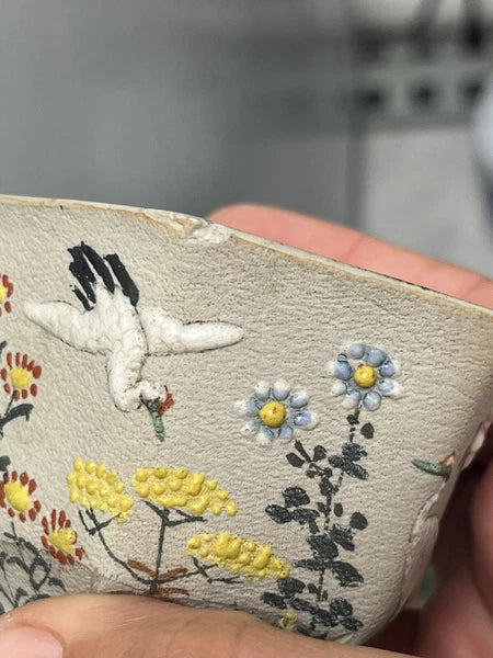 Japanese Banko Ware Plate and Teacup Crane Enamel  Marked