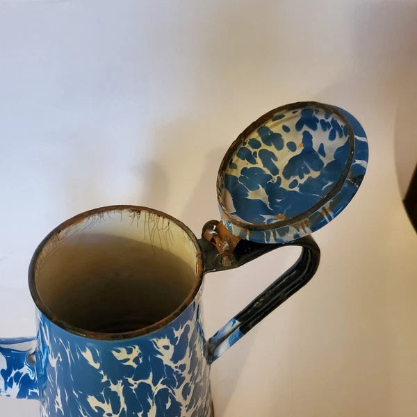 Antique Enamelware Coffee Pot Hinged Lid Seamless Original Turquoise Swirl 9"