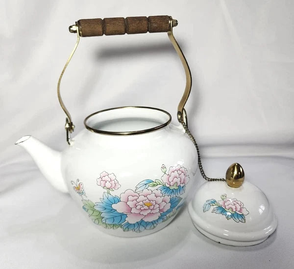 Vtg 1988 Tea Kettle Pot Enamel White Poppies Flowers Brass National Housewares