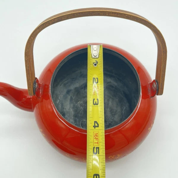 Boho Style VTG Enamel Tea Kettle Red Orange w Daisies & Teak Handle *DECOR ONLY*