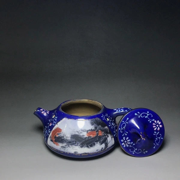 Chinese Yixing Zisha Clay Enamel Handmade Exquisite Fish pattern Teapot 5608