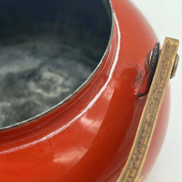 Boho Style VTG Enamel Tea Kettle Red Orange w Daisies & Teak Handle *DECOR ONLY*
