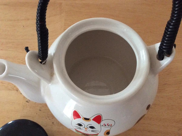 ENAMEL KETTLE TEAPOT CAT DESIGN PLASTIC HANDLE