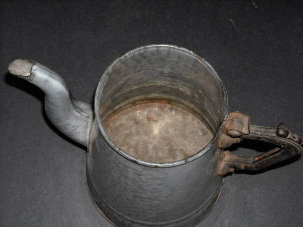 Early Grey Graniteware Teapot Enamel Ware - Primitive Elaborate Metal Handle