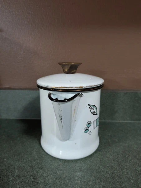 GEORGES BRIARD MCM ENAMELWARE TEA POT WHITE PINEAPPLE LEAVES STRAWBERRY BLACK