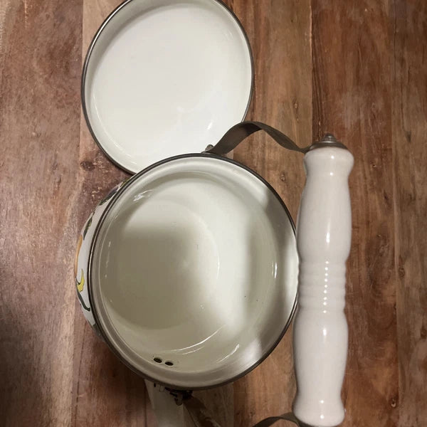 Tabletops Unlimited Essence Tea Kettle Enamel Fruit Vine Pattern Swivel Handle