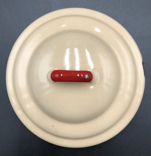 Vintage Enamel Large Tea Kettle, Beige With Red Trim And Red Handle