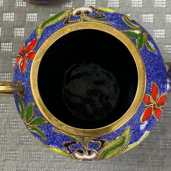 Vtg Miniature Cobalt Blue Enamel Gilded Cloisonne Floral Metal Back Teapot & Lid