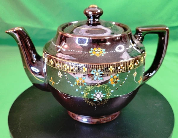 Beautiful Vtg Teapot Moriage Hand Painted Brown Glazed Pottery Occupied Japan