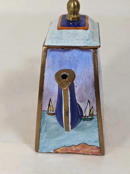 Kelvin Chen Handpainted Miniature Enamel Tea Pot brass boat scene