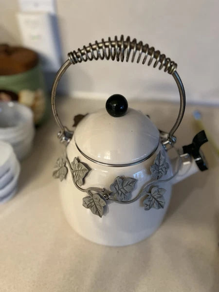 Enamel Whistling Tea Kettle Via Ancona White Ivory, Green Knob Ivy Garland