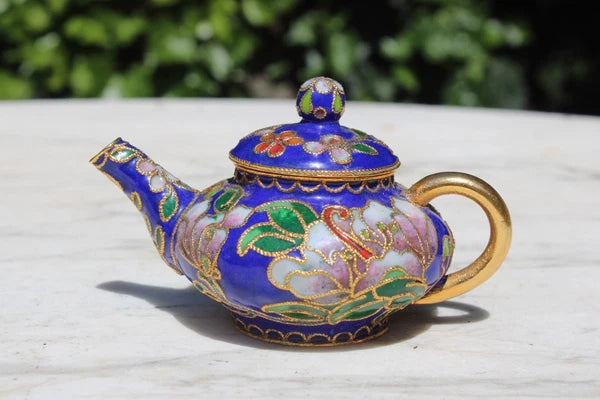 Vintage Cloisonne Blue Floral Enamel on Metal Miniature Decorative Teapot