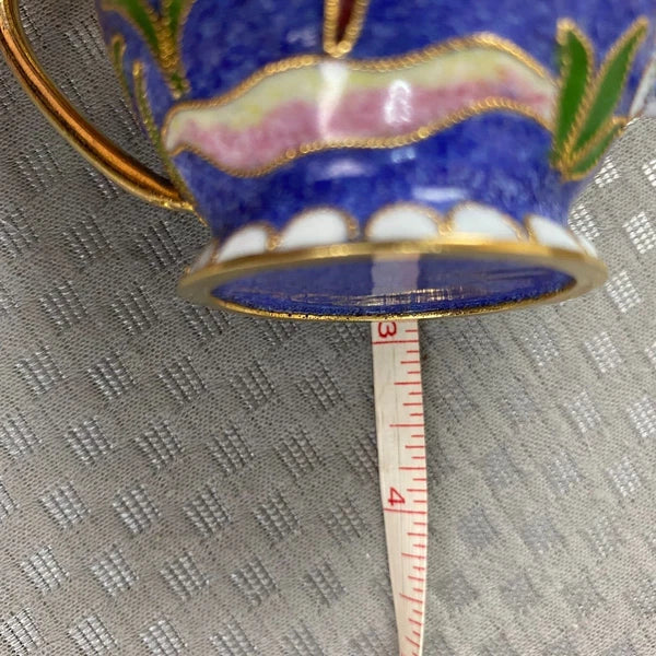 Vtg Miniature Cobalt Blue Enamel Gilded Cloisonne Floral Metal Back Teapot & Lid
