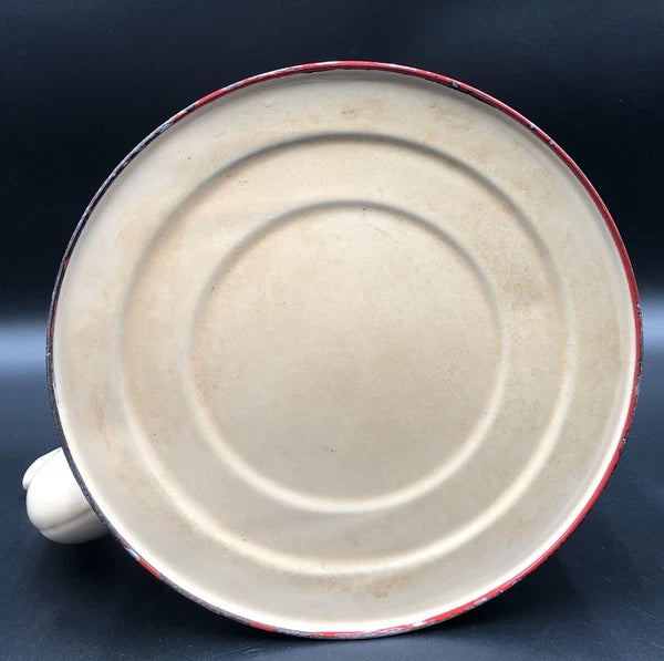Vintage Enamel Large Tea Kettle, Beige With Red Trim And Red Handle