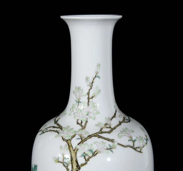34CM Qianlong Signed Old Chinese Colour Enamel Vase W/bird N3272