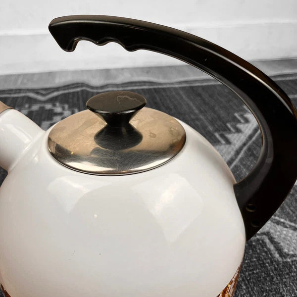 70's Design White Enamel Metal Whistling Tea Coffee Kettle Paisley Brown White