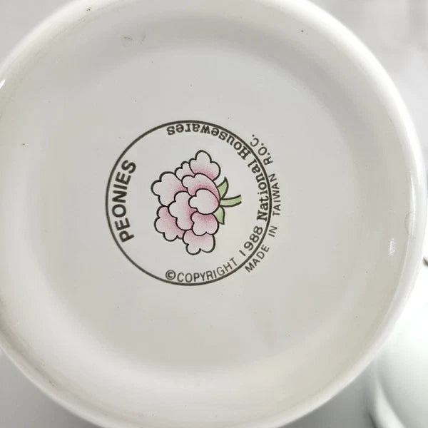 Vtg 1988 Tea Kettle Pot Enamel White Poppies Flowers Brass National Housewares