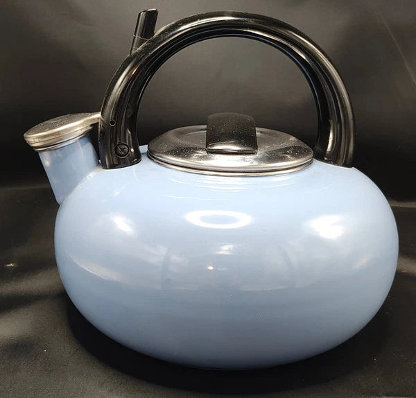 Kamenstein Vintage Light Blue Enamel Tea Kettle Whistling Teapot Indonesia 1991