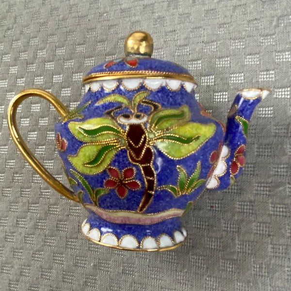 Vtg Miniature Cobalt Blue Enamel Gilded Cloisonne Floral Metal Back Teapot & Lid
