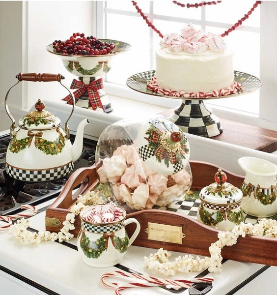 NEW MacKenzie Childs Evergreen Enamel Tea Kettle Cream Green Red 2 Quart