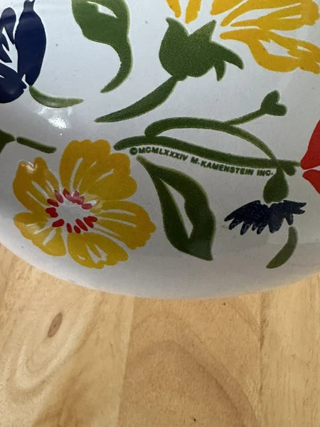 Vintage 1984 Kamenstein Enamel Floral Tea Kettle Wood Handle