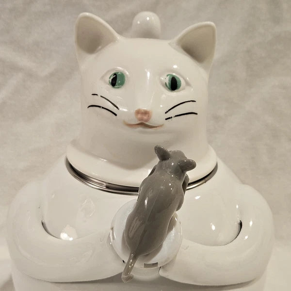 Vintage 1980s Copco White Cat and Gray Mouse Enamelware 2 ½ QT Tea Kettle