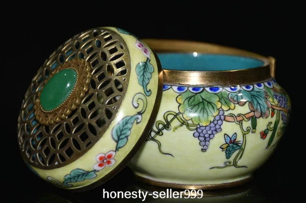 Qianlong Cloisonne Enamel Gilt Grape Insect Handle Wine Teapot Flagon Statue