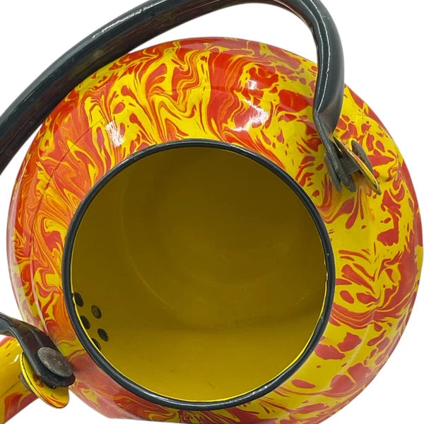 Orange Yellow Tea Pot Kettle Vntg Enamelware Splatter Swirl Graniteware No Lid