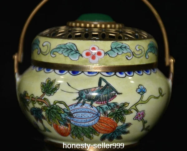 Qianlong Cloisonne Enamel Gilt Grape Insect Handle Wine Teapot Flagon Statue