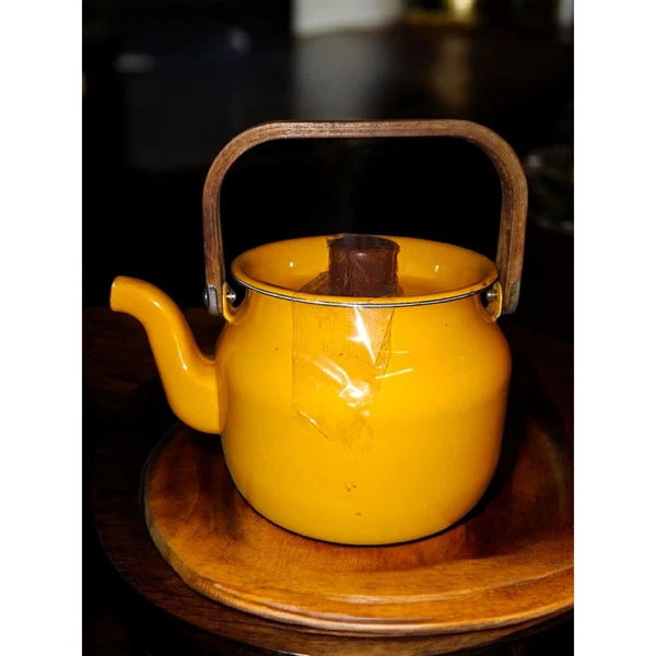 Vintage Honey Your Life Series Charm Pot Orange Enamel Tea Pot w Wood Handle