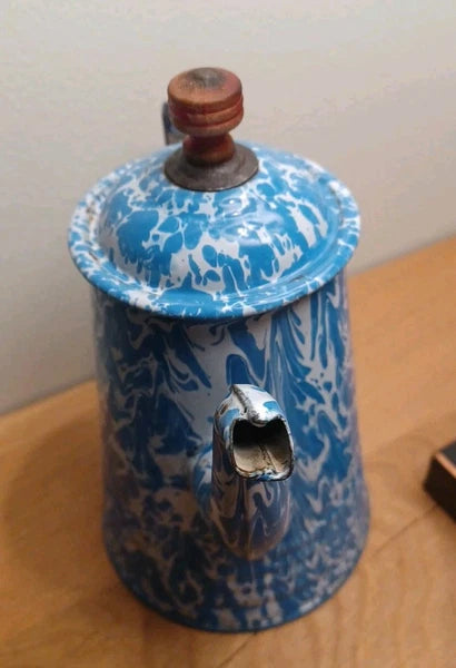 Antique Blue White Swirl Graniteware Enamelware Gooseneck Coffee Tea Pot .