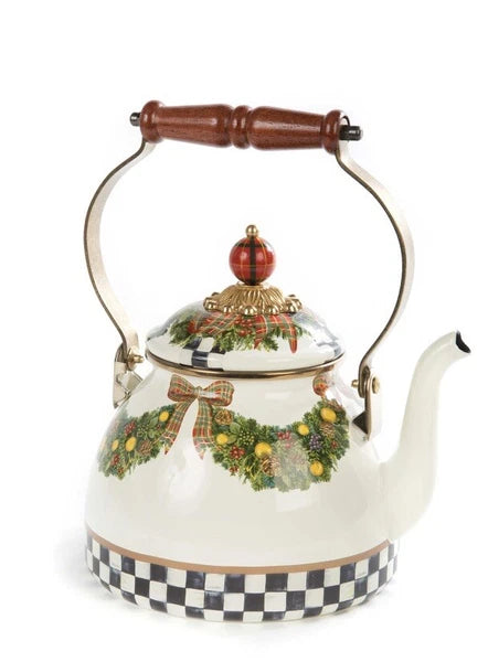 NEW MacKenzie Childs Evergreen Enamel Tea Kettle Cream Green Red 2 Quart