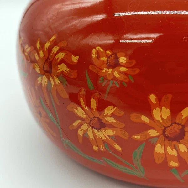 Boho Style VTG Enamel Tea Kettle Red Orange w Daisies & Teak Handle *DECOR ONLY*