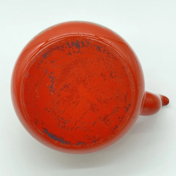Boho Style VTG Enamel Tea Kettle Red Orange w Daisies & Teak Handle *DECOR ONLY*