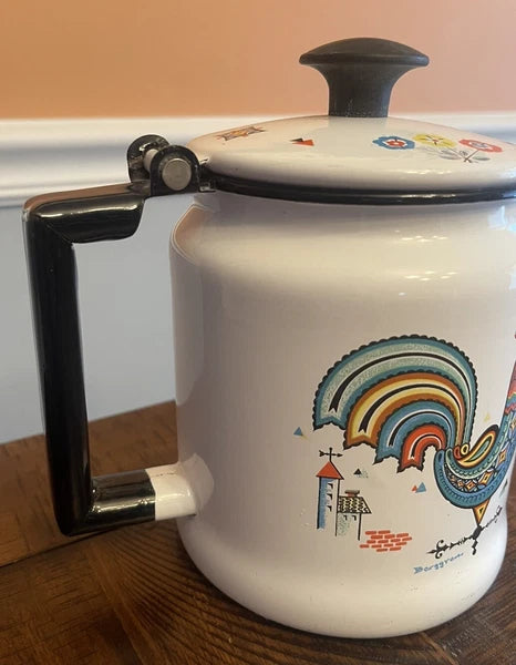Vintage BERGGREN Enamel Coffee Pot Swedish Rooster Kettle Farm Flowers