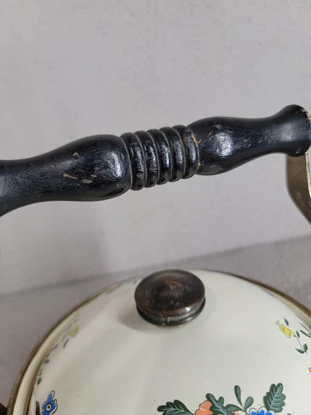 Kamenstein Enamel Floral Tea Kettle Wood Handle Vintage Kitchen Decor 1982