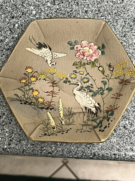 Japanese Banko Ware Plate and Teacup Crane Enamel  Marked