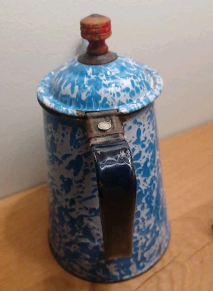 Antique Blue White Swirl Graniteware Enamelware Gooseneck Coffee Tea Pot .