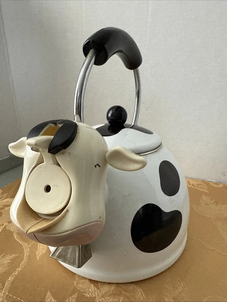 Vintage MM Kamenstein Black White Cow Whistling Tea Kettle Teapot, 1992