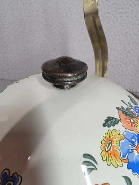 Kamenstein Enamel Floral Tea Kettle Wood Handle Vintage Kitchen Decor 1982