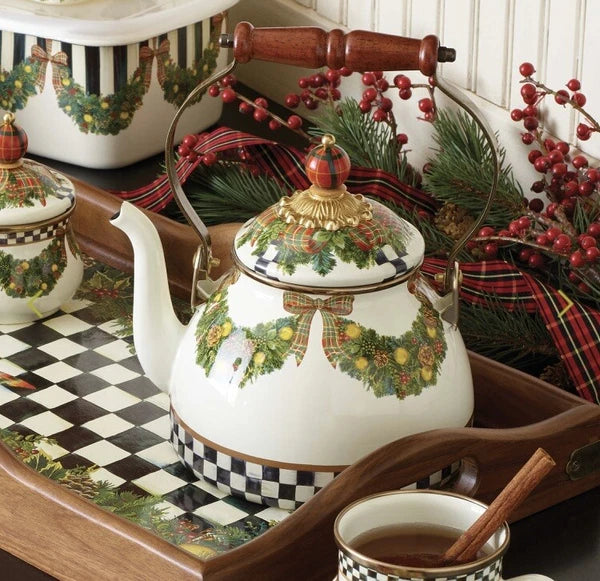NEW MacKenzie Childs Evergreen Enamel Tea Kettle Cream Green Red 2 Quart