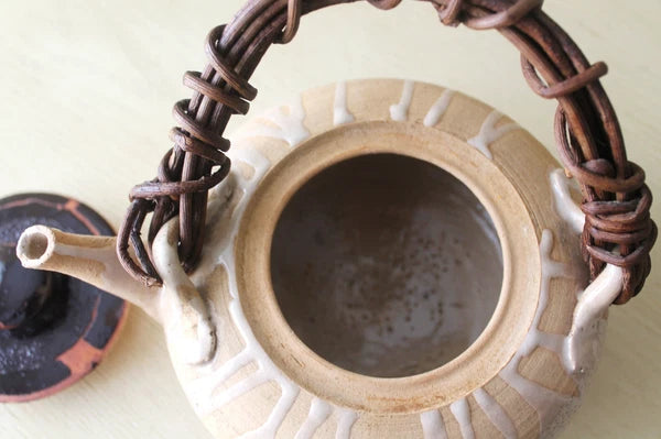 Vtg Asian Chinese Japanese Ceramic Clay Enameled Flat Teapot Kettle Raku Ware?