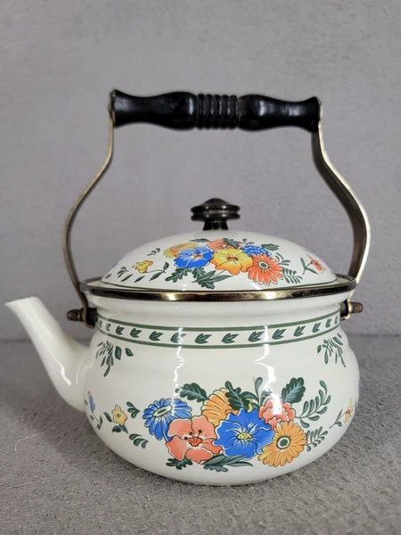 Kamenstein Enamel Floral Tea Kettle Wood Handle Vintage Kitchen Decor 1982