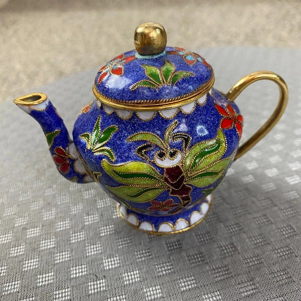 Vtg Miniature Cobalt Blue Enamel Gilded Cloisonne Floral Metal Back Teapot & Lid