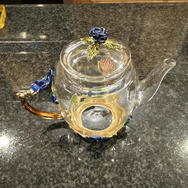 Teffania Teapot Handcrafted Crystal Glass W Blue Roses And Rhinestons 12 OZ