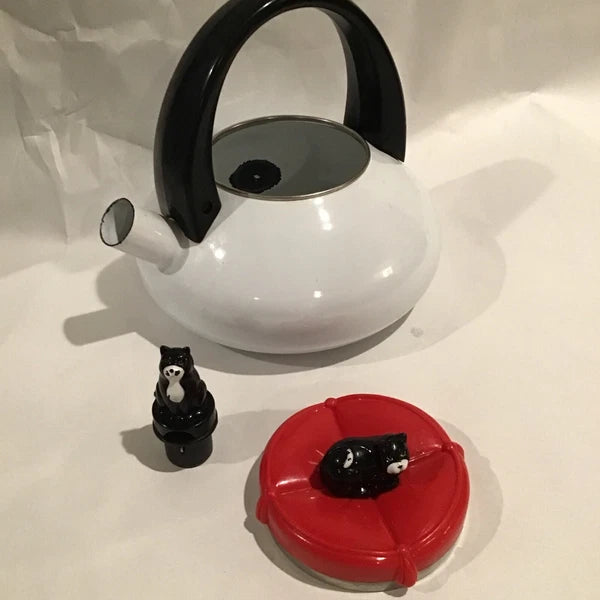 Red And White Enamel Kitty Cat Tea Kettle W/ Small Repair - Discounted