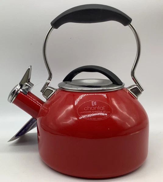 Chantal Whistling Tea Kettle Teapot Red & Silver Enamel 1.8 Quart New With Flaw
