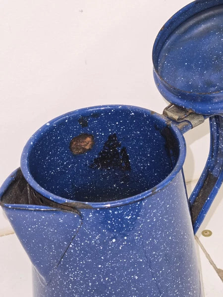 VTG Appropriately Rusted Blue Enamelware Small Camping Tea Coffee Pot
