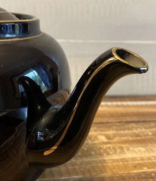 Vintage Gibson & Sons Marina Teapot w/ Lid Black Gold Enamel Burslem England
