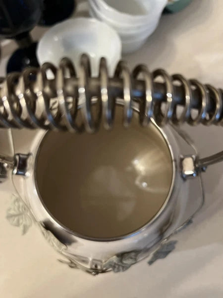 Enamel Whistling Tea Kettle Via Ancona White Ivory, Green Knob Ivy Garland